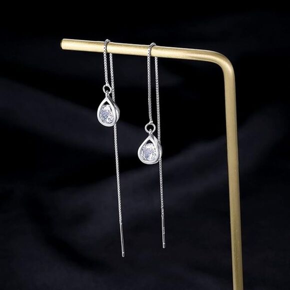 Gold 925 Sterling Silver Threader Earrings CZ Droplet Chain Dangle Earrings - Picture 2 of 5